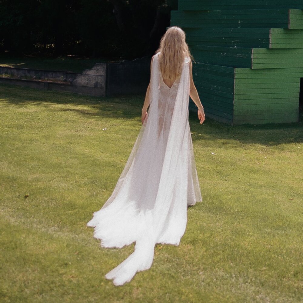 Liz Martinez Cleo A-Line Beaded Tulle Wedding Gown w/ Scarf - Picture 3 of 8